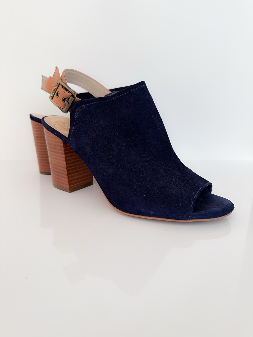 Vince Camuto Navy Suede Peep Toe Slingback Sandals Size 8.5 Block Heel Bootie